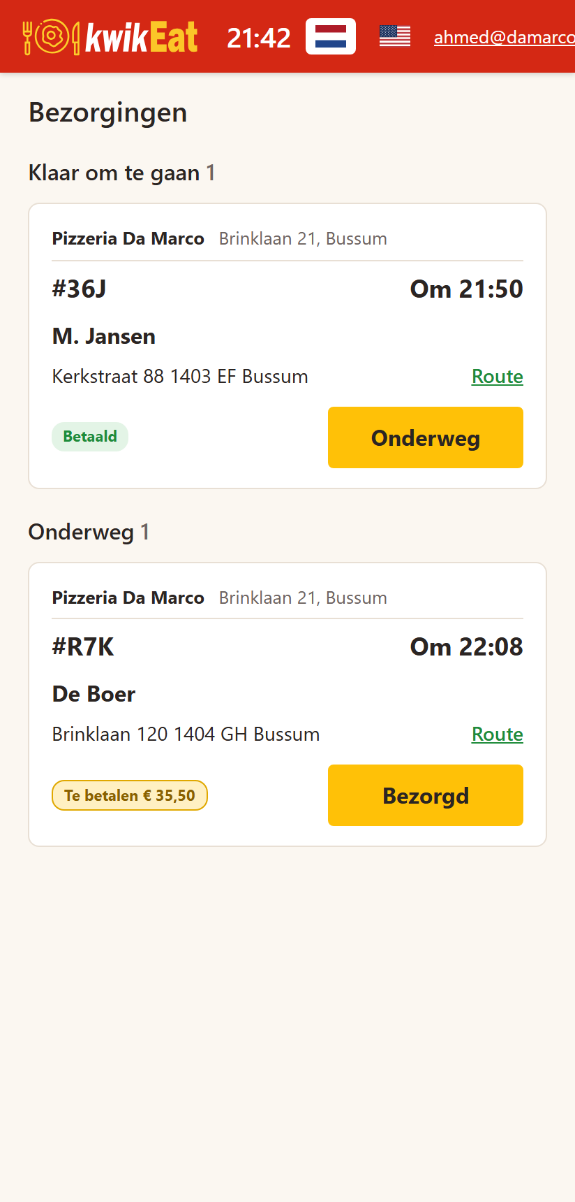 Bezorgingen op de telefoon van de bezorger